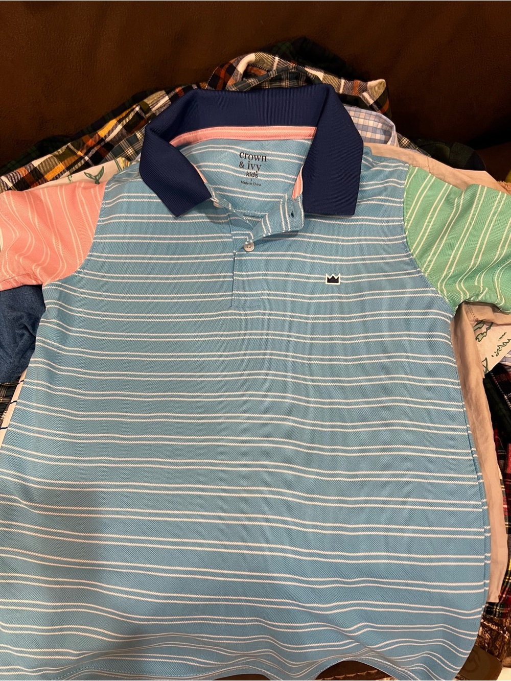 crown & ivy Kids Striped Light Blue Polo with Navy Collar and Pastel Sleeves